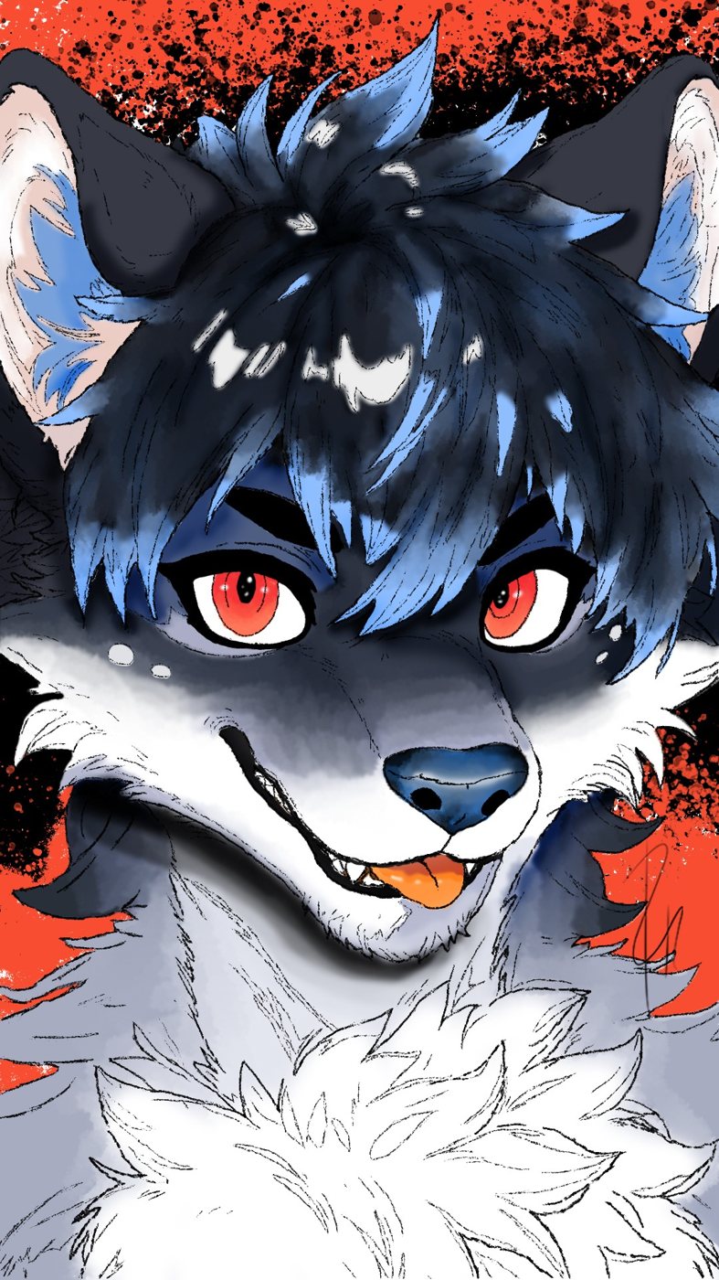 Watercolor-style headshot on a red splatter background