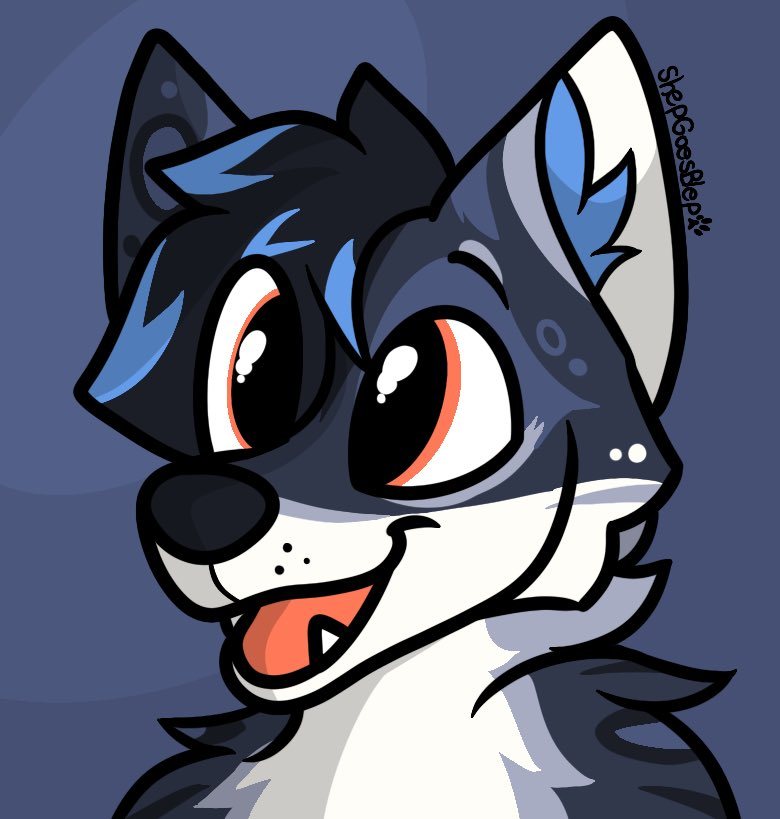 Cartoon headshot with a big open smile on a navy background