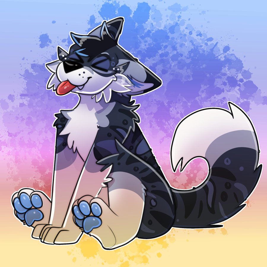 Sitting with tongue out on a paint-splatter background