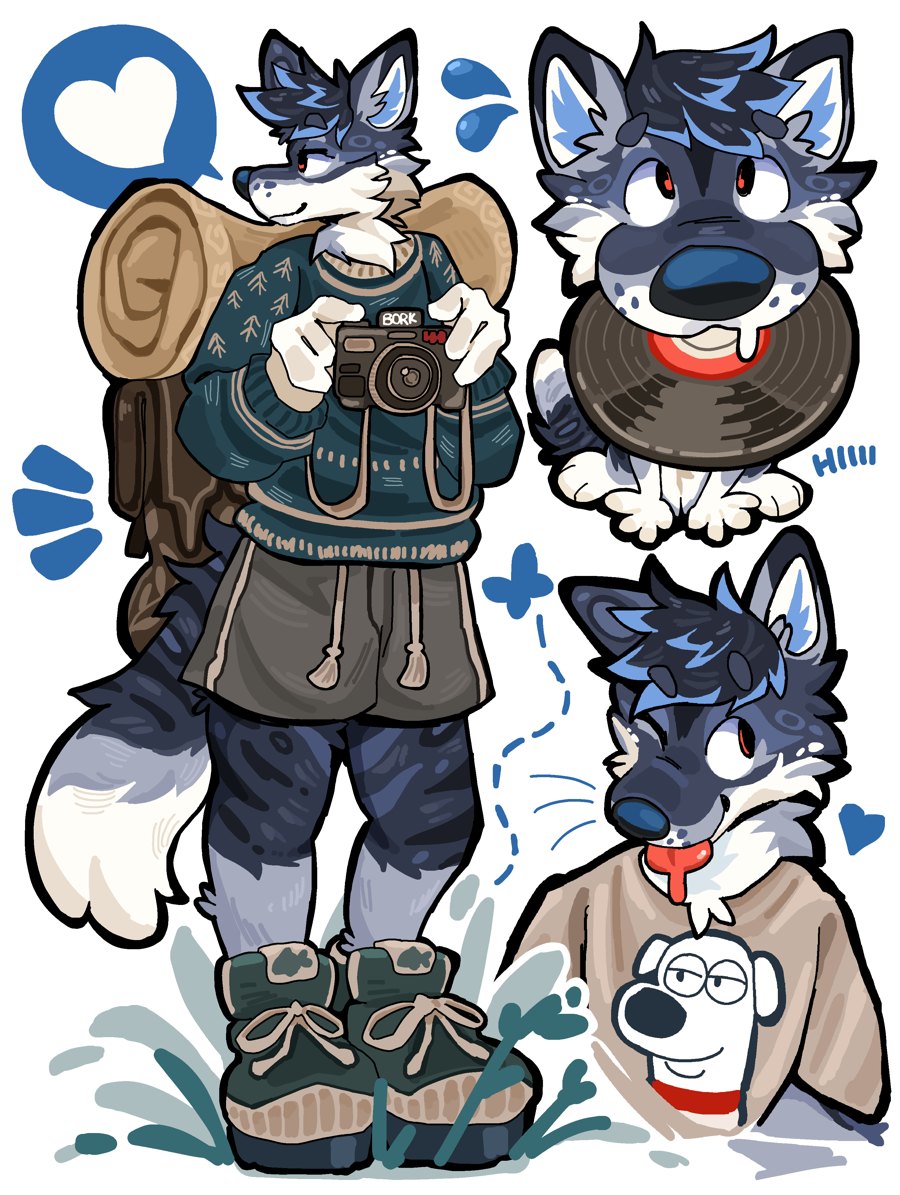 Ref sheet: Zayphir in a sweater with a camera and backpack, plus two headshots