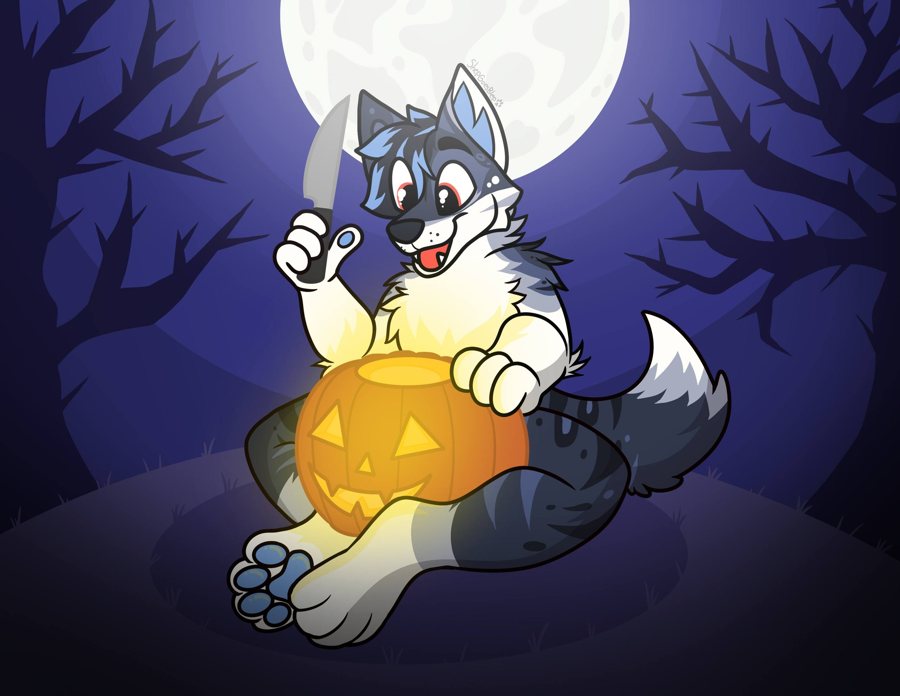 Carving a glowing jack-o-lantern under a full moon